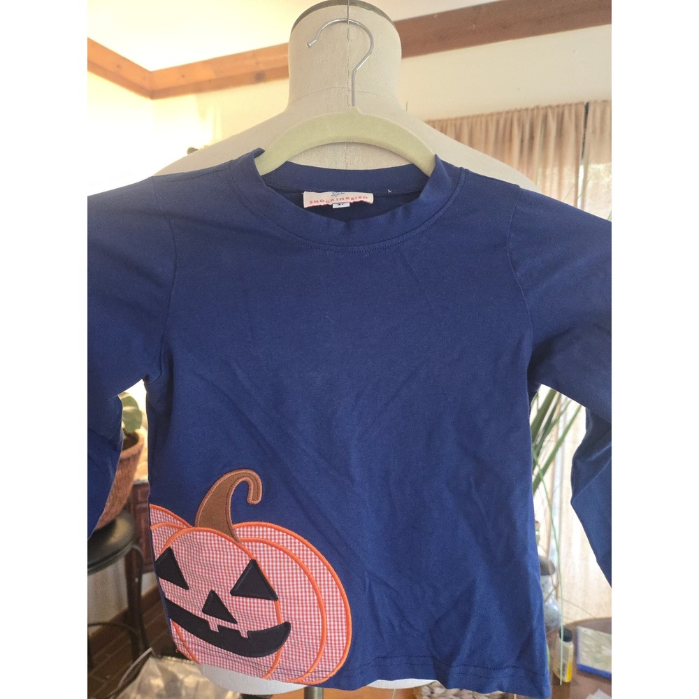 SMOCKINGBIRD Boys Navy Blue Pumpkin Halloween Long Sleeve T-Shirt 3T